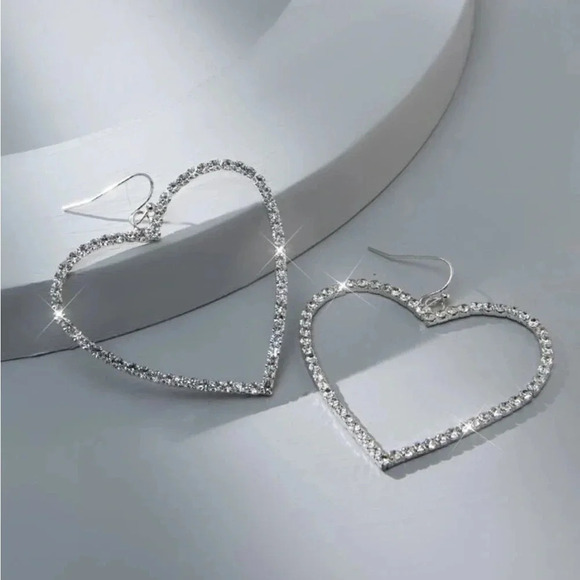 Big Heart Design Sparkling Rhinestone Earrings silver 2.2”x1.60” - Picture 1 of 10